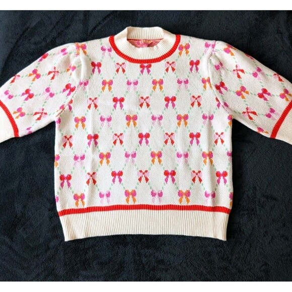NWT Bow Print Coquette Artsy Cream Sweater Colorful Preppy - Picture 7 of 15